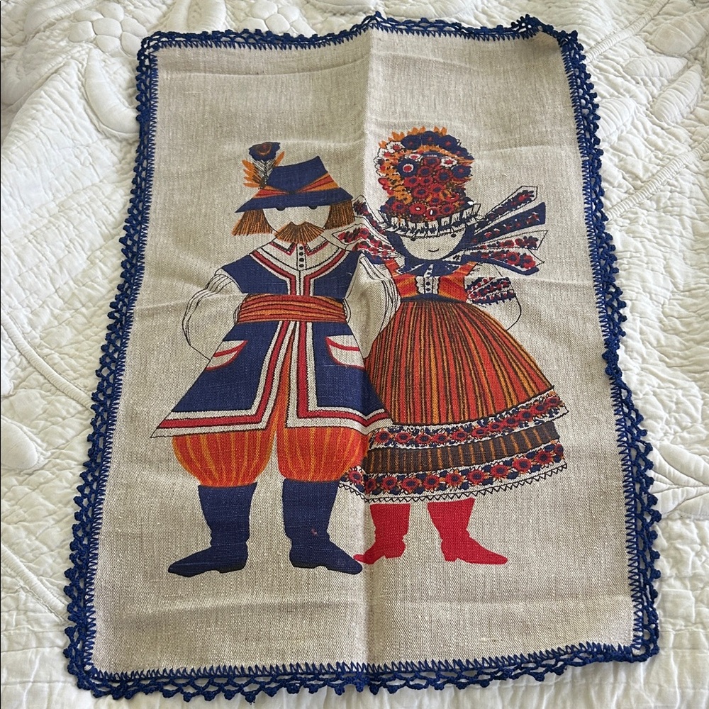 Colorful Folk Art Kitchen Towel. Linen with hand crocheted edging.24 x 15. Nice